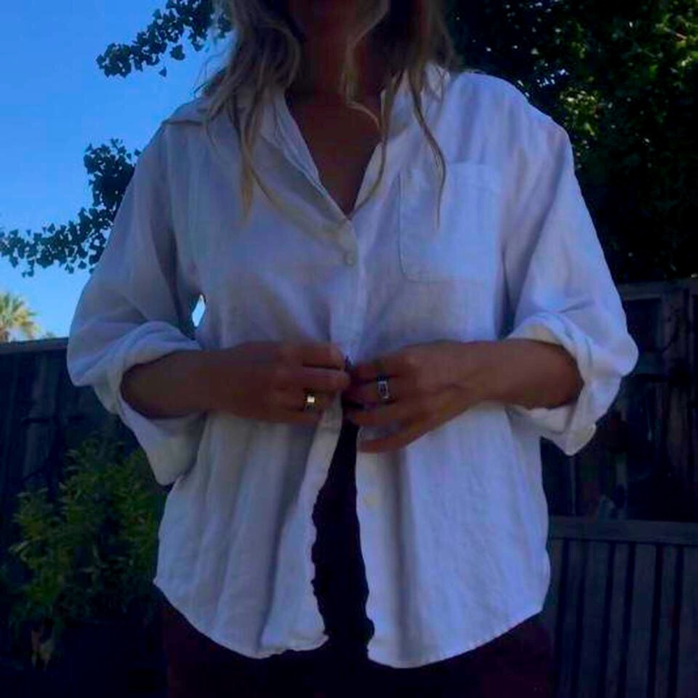 White linen button up shirt Eddie Bauer